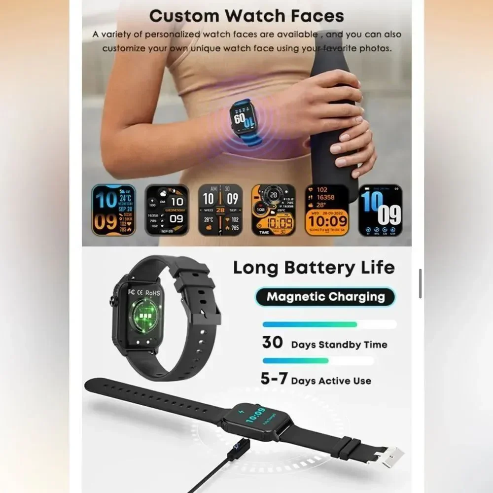 Black Smartwatch with Large HD Display and Bluetooth Calling